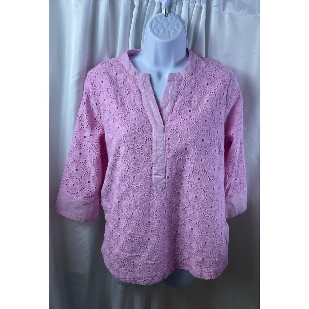 Appleseed’s Woman’s Pink Floral Eyelet Popover Tunic Blouse Suze PM Relax Fit